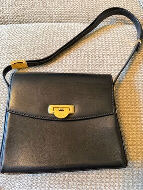 Authentic Black Leather Top-Handle Crossbody Bag with Gold Hardware